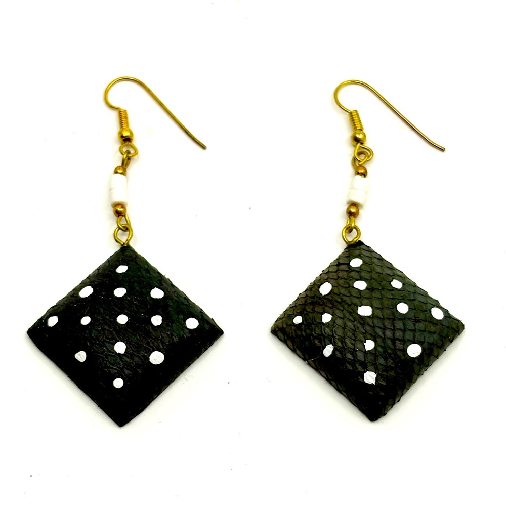 VINTAGE Black with Hand Painted white dots and Gold Dangle Earrings, 2” Length